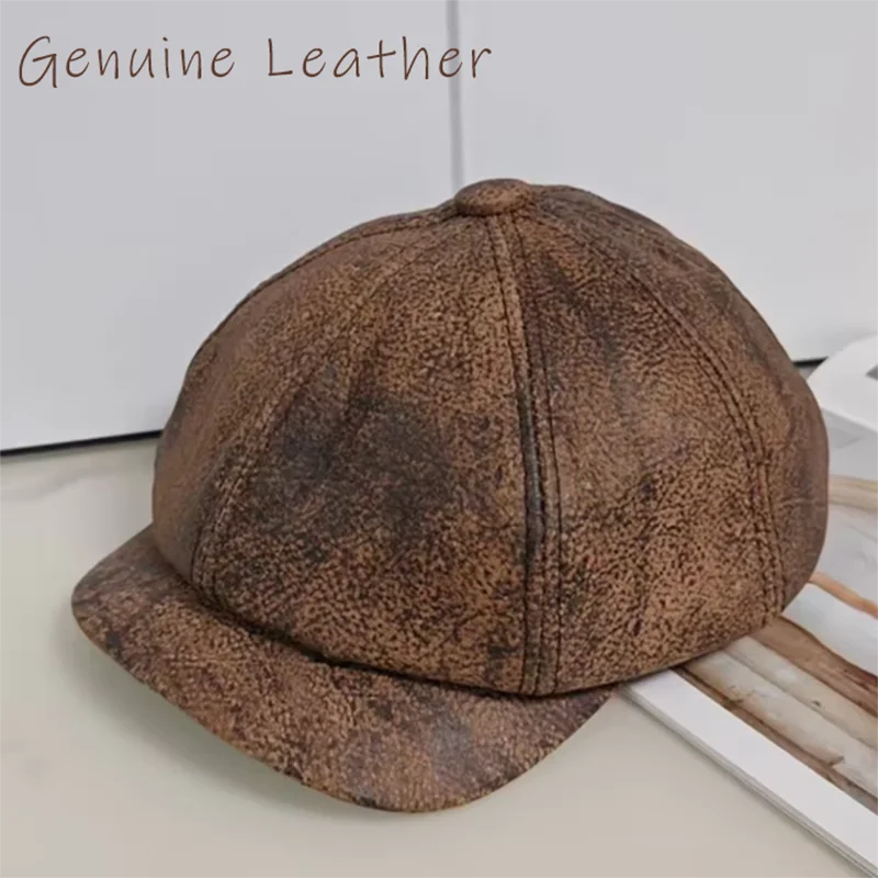 Boina de couro de vaca de grão integral de alta qualidade outono inverno artista boina chapéu para homens angustiado boné octogonal ao ar livre retro feminino viseira chapéu
