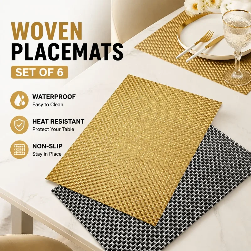 Woven Placemats, PVC Rattan Style Table Mat, Waterproof Non-Slip Heat Resistant, Light Luxury Chinese Dining Table