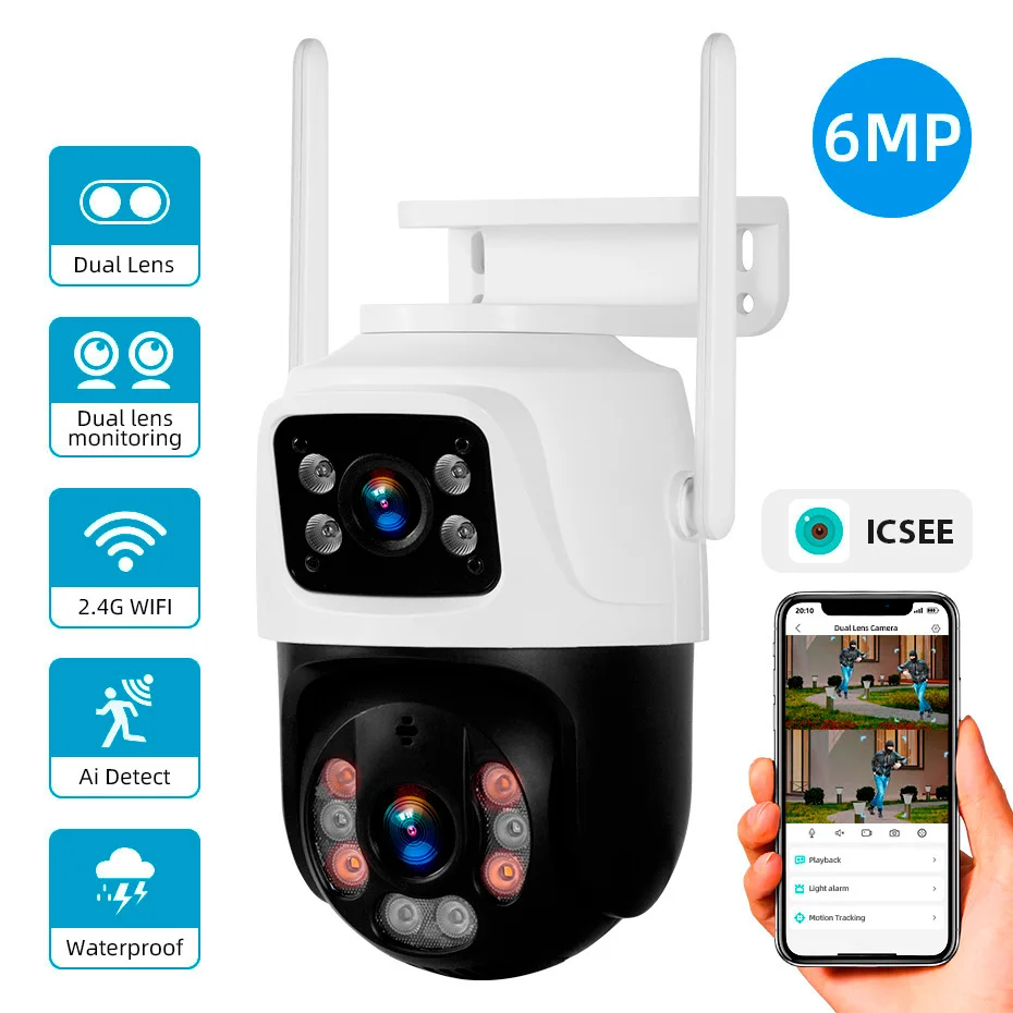 

KERUI 6MP PTZ WIFI Dual Lens AI Human Detect Auto Tracking Dual Screen Wireless Outdoor Surveillance Camera Icsee APP