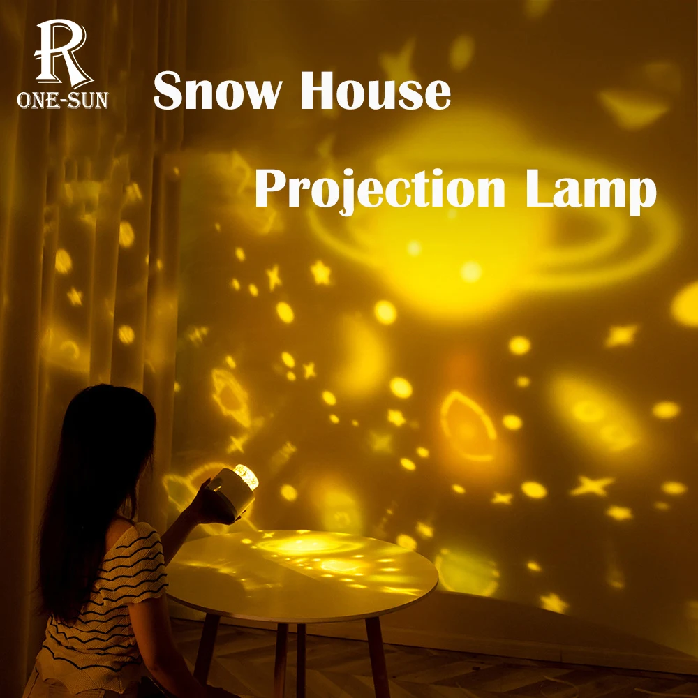 

3-Colors LED Nightlight Snow House Projection Light with Music Rechargeable 3 Patterns Ambience Lamp Home Decor Gift for Friends