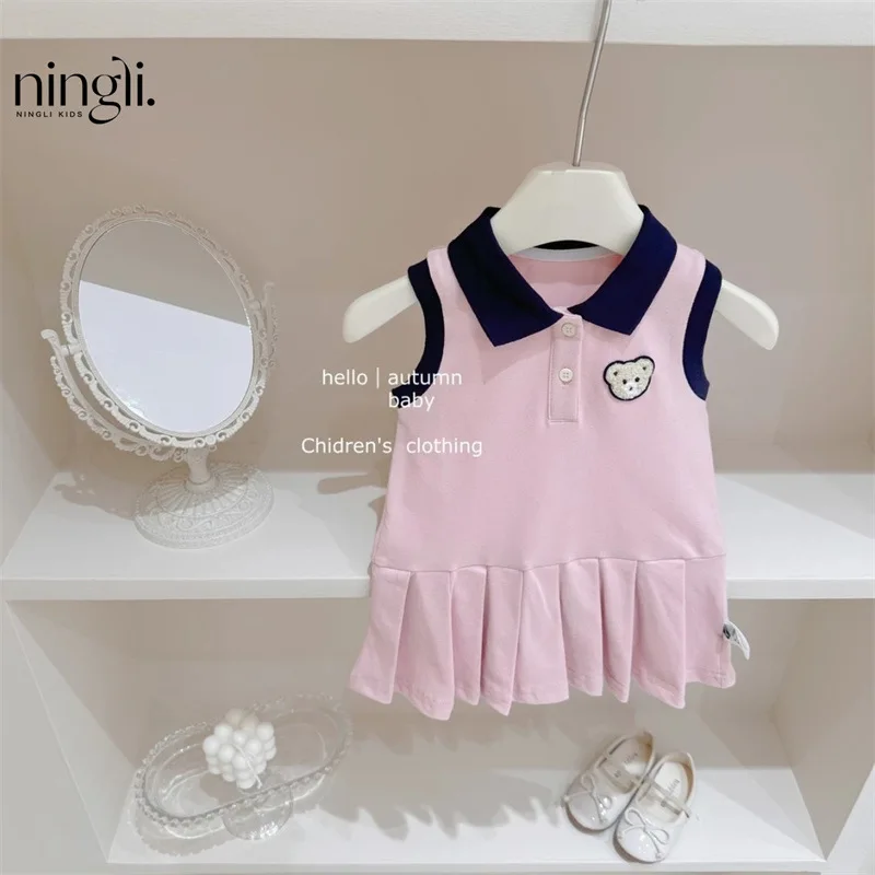 

Children's Embroidered Bear BabypoloDress Girl's Academy Style Summer Baby Vest Pleated Princess Dress
