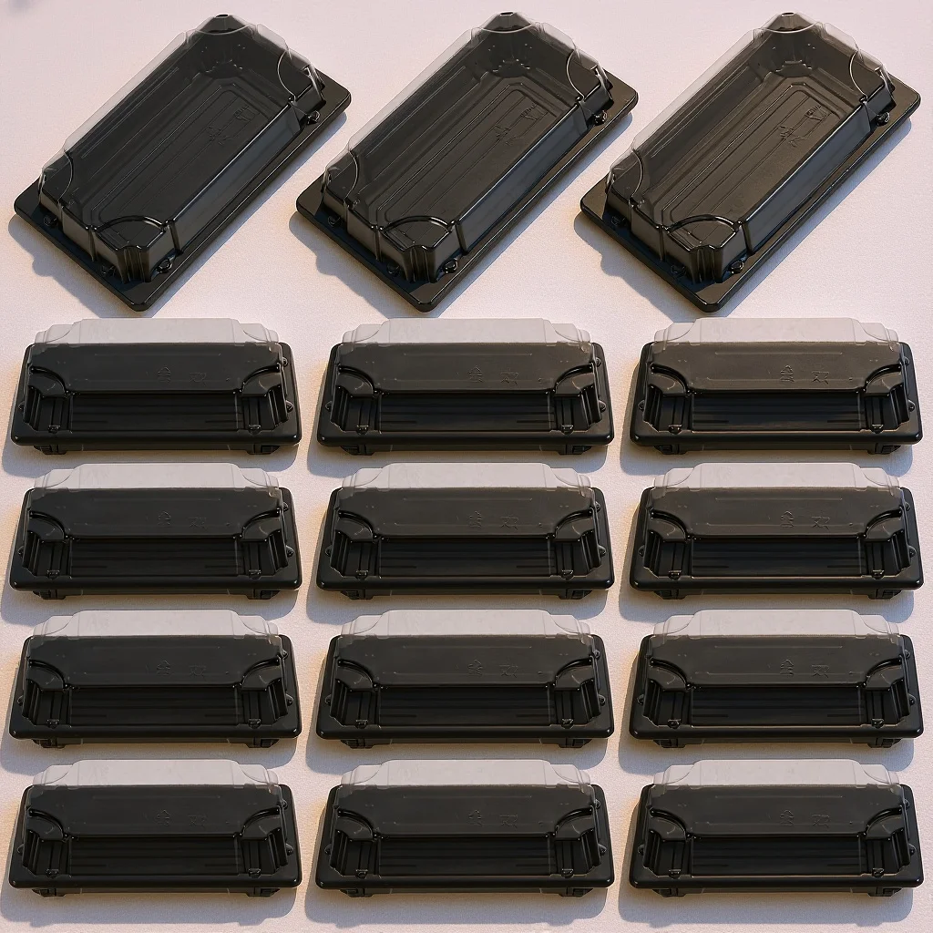 

50Pcs Black Disposable Sushi Packing Box No Smell Heat Resistant for Food Trucks Restaurants Party Leftovers Storage