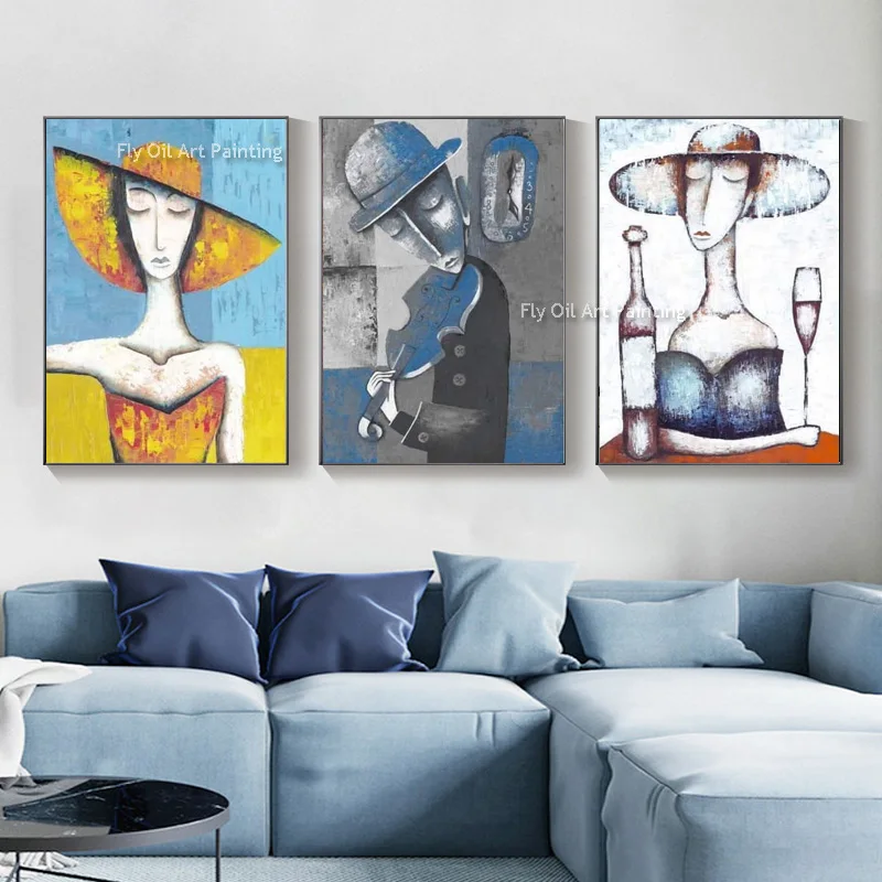 

Hand Drawn Blue Gray White Woman And Men Canvas Wall Art Coloful Abtract Face Picasso Art Oil Painting Set Of Three For Decor