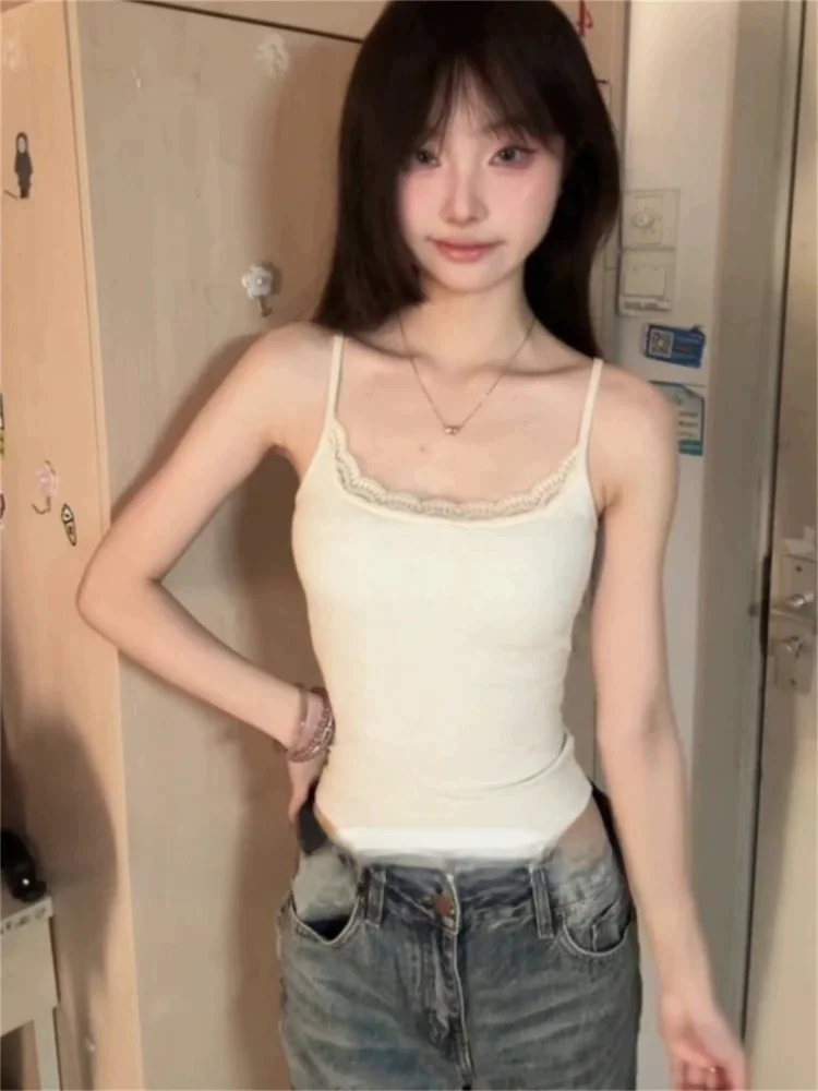 Lace Crop Top Women's Slim Fit Camisole Tank Top with Chest Pad Summer New Style Base Layer Spicy Girl Inner Wear Cotton Blend