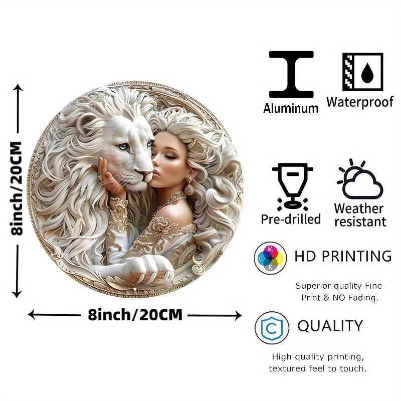 Stunning Woman & White Lion Art - Round Metal Sign - HD Print, Waterproof, Weather Resistant, Wall Decor