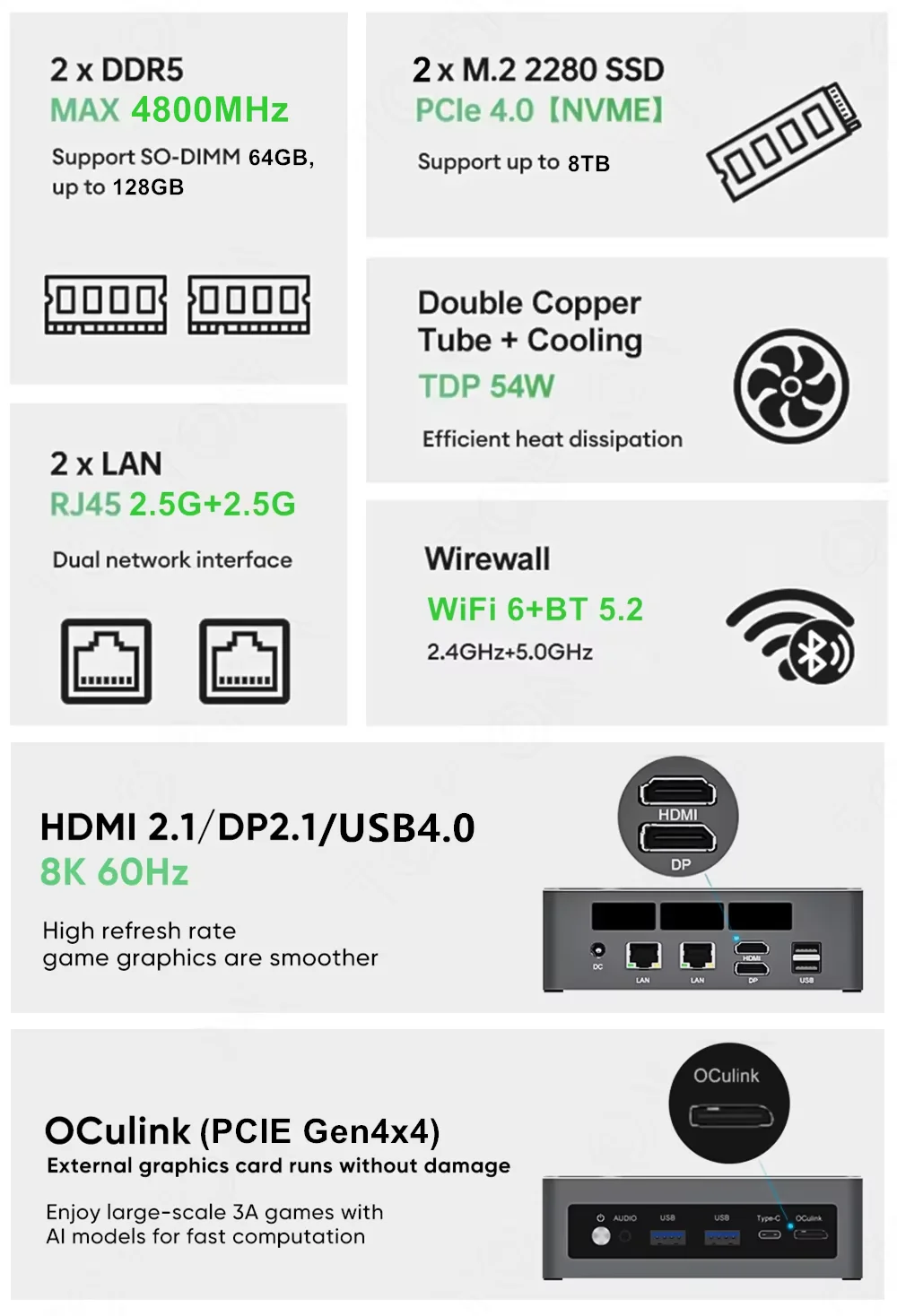 AI 9 H 465 ES AMD Gaming Mini PC Ryzen AI 9 HX 370 ES 7 PRO 350 ES 5 340 ES OCuLink USB4 2x2.5G LAN Desktop Computer Windows 11