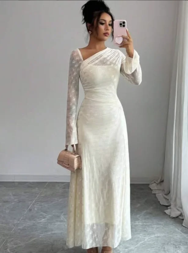 Gaun Elegan A-line Panjang Pergelangan Kaki Lengan Penuh Tanpa Tali Kustom Kualitas Tinggi Gaun Wanita untuk Pesta Pernikahan Gaun Prom
