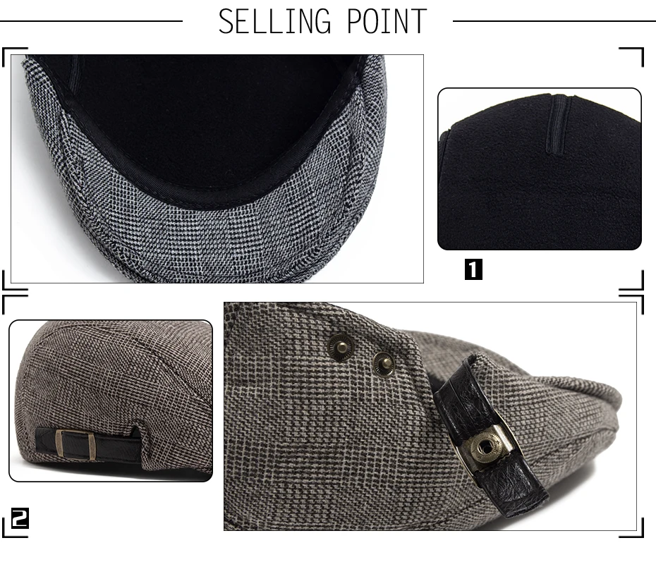 Wolle Vintage Baskenmütze Männer Winter Plus Samt Warme Flache Hut Lässige Berets Retro Mode Zeitungsjunge Mütze männer Zweireiher Einstellbar – Detail 2