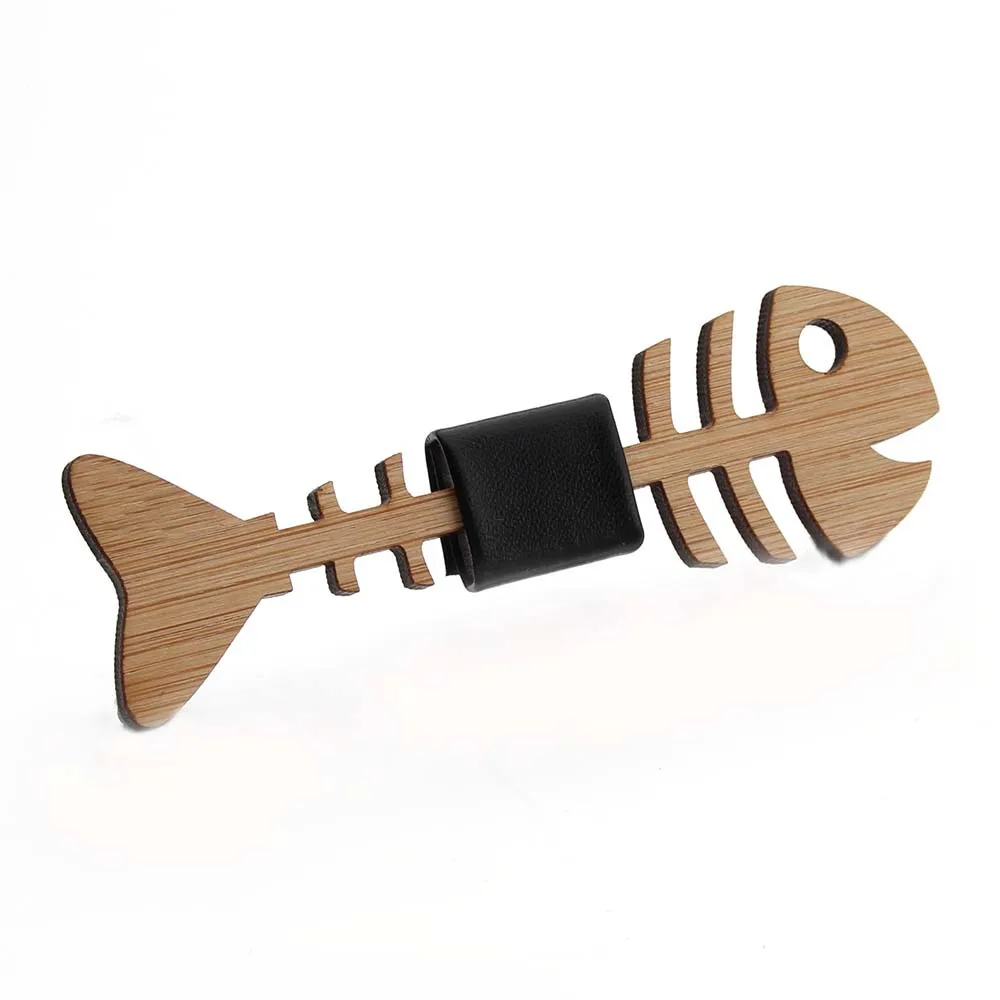 Wooden Fishbone Bow Tie for Men, Bamboo Laser-Cut Necktie with Elastic Strap for Wedding Party Casual Wear