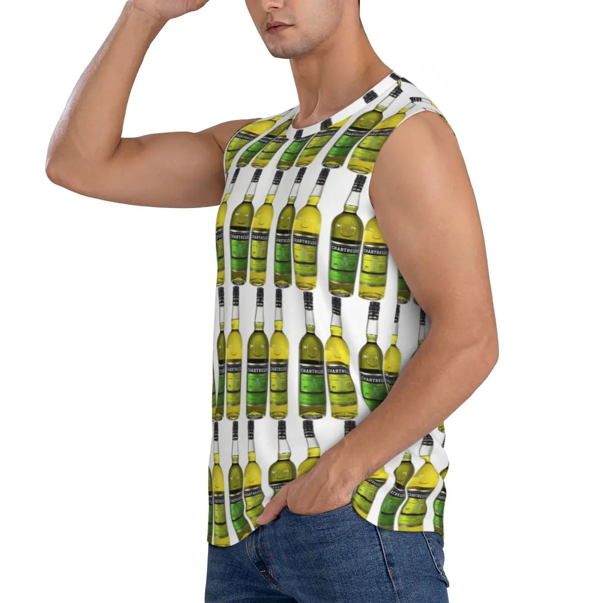 Green Chartreuse Bottle Oil Painting Drink Men Sleeveless Tank Tops Quick Dry Breathable Gym Fitness Running Summer Sport Vest