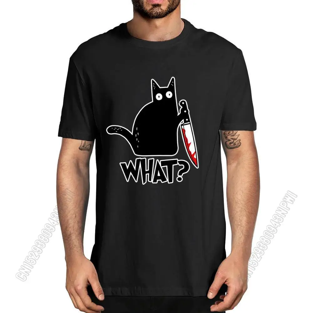 Cat What T Shirt Murderous Cat With Knife Funny Halloween Gift Cotton High Quality Men\'s Oversized Novelty T-Shirt Women Tee