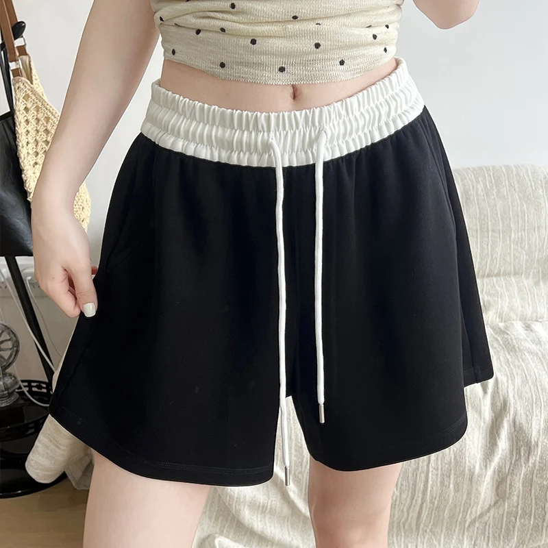 

American Color Block Shorts for Women Girl Casual Loose Short Sweatpants Summer Running Fitness Wide Leg Elastic Waist Shorts