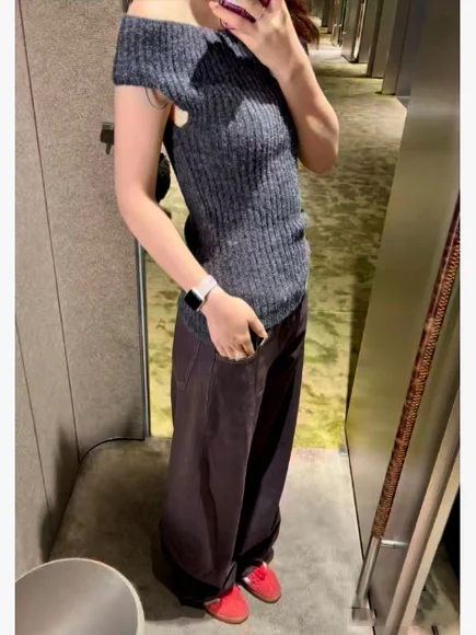 Faionable Knitted Slim Fit oulder Bared Straight Leg Top for Women ort Casual Wear Comfortable Medium Softn Knitwear