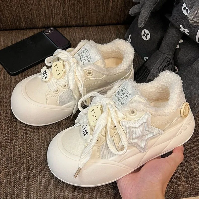 

Original Plush White Shoes For Women 2025 Autumn/winter New Style Bread Board Shoes Lolita Girl Student Warm Cotton Shoes