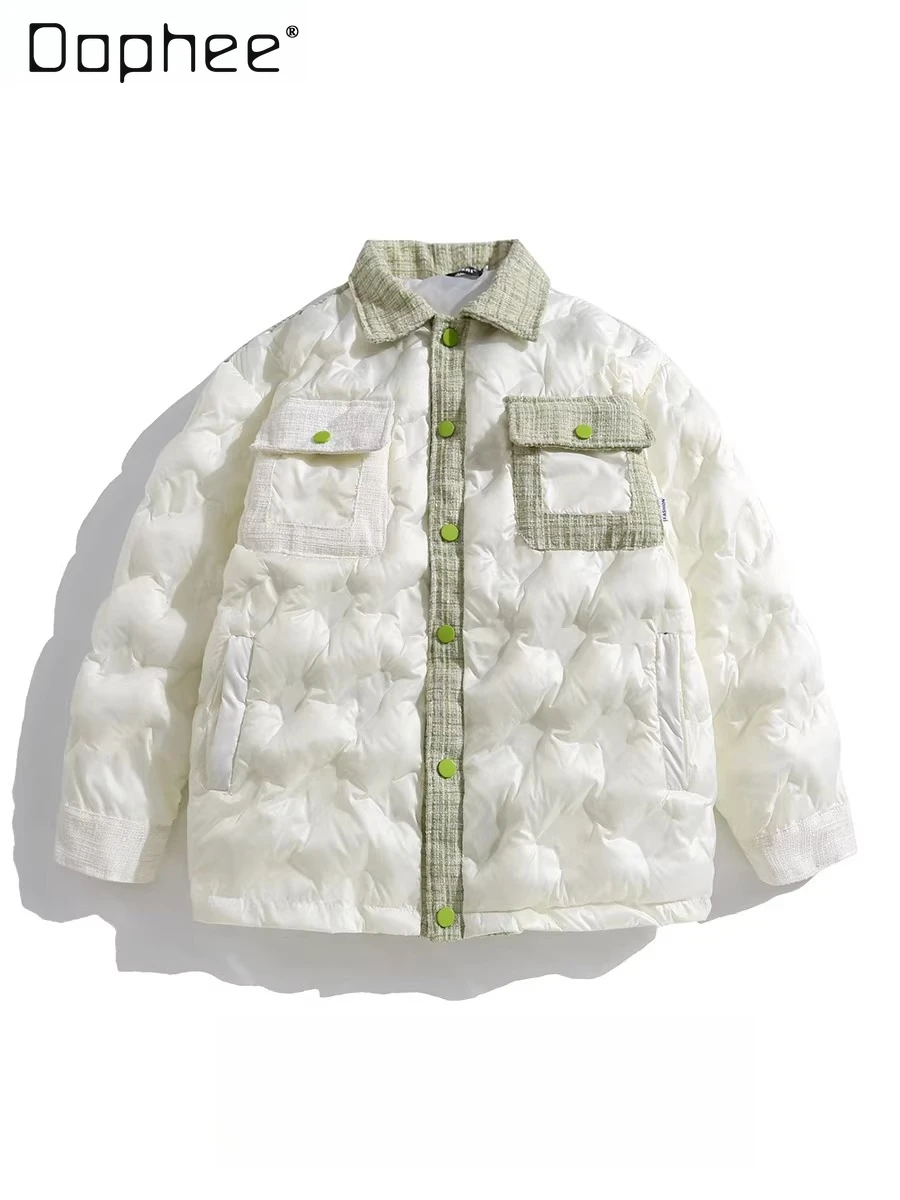 

Мужская куртка на осень-зиму 2026 года с отложным воротником, карманами, в стиле пэчворк (белый и зеленый), свободного кроя, повседневная, черная, утепленная