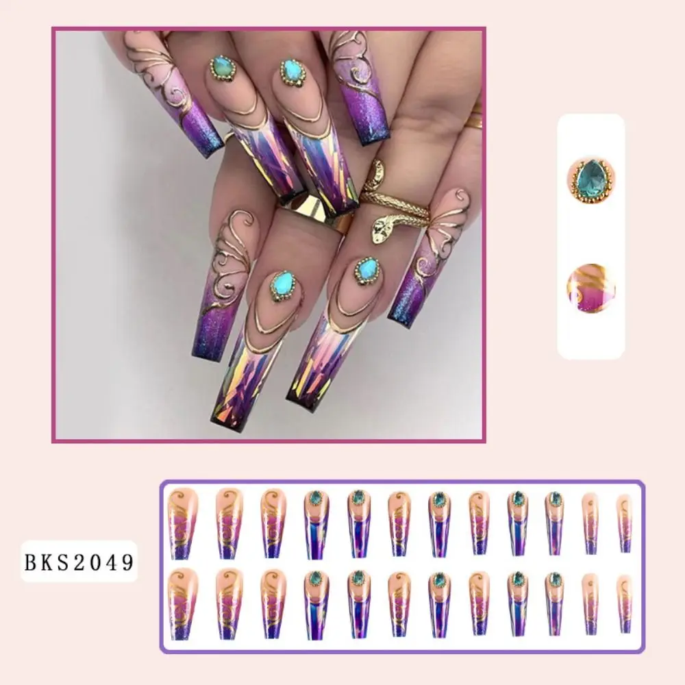 New Long Ballerina False Nails Purple Butterfly French Fake Nails Full Cover Detachable Press on Nails DIY