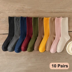10Pairs Retro Women Cotton Loose Socks Autumn Winter Knitting Solid Color Long Black Korean Japanese Student Girls