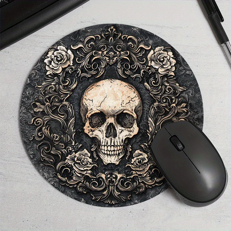 

The circular mouse pad with a skull pattern and the durable anti-slip rubber desk mat are suitable for gamers and offices