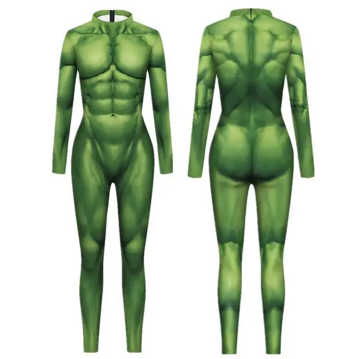 Disfraz de Cosplay para hombre y mujer, mono con estampado 3D de músculos verdes, mono Zentai para Halloween, Carnaval, vacaciones, ropa de fiesta, Catsuit