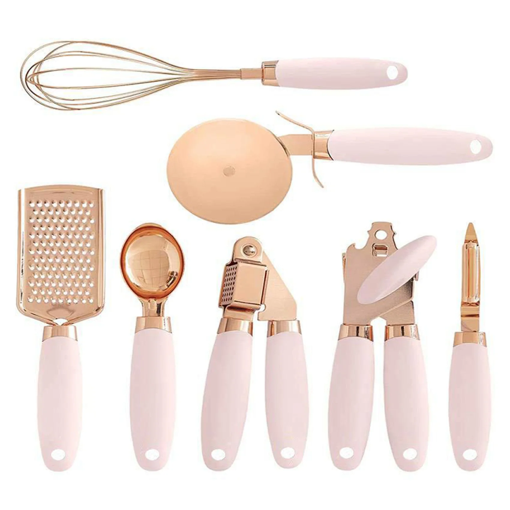 

7Pcs Kitchen Gadget Set Kitchen Tools with Soft Handle Garlic Press Vegetable Peeler Pizza Cutter Ice Cream Spoon, Pink