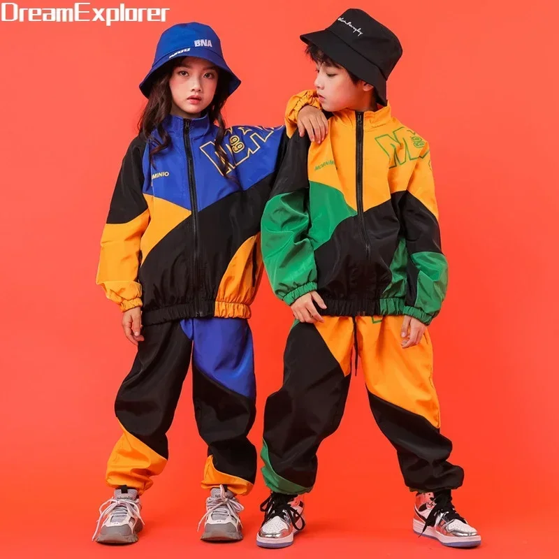 Boys Hip Hop Contrast Coat Girls Jazz Joggers Clothes Set Kids Street Dance Patchwork Jacket Sweatpants Child Costume Streetwear