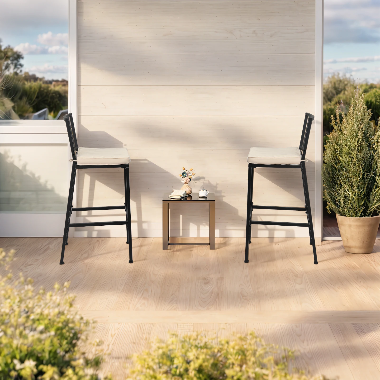 

2PCS Bar Chairs, Indoor Outdoor All-Weather Resistant Barstools with Detachable Cushion