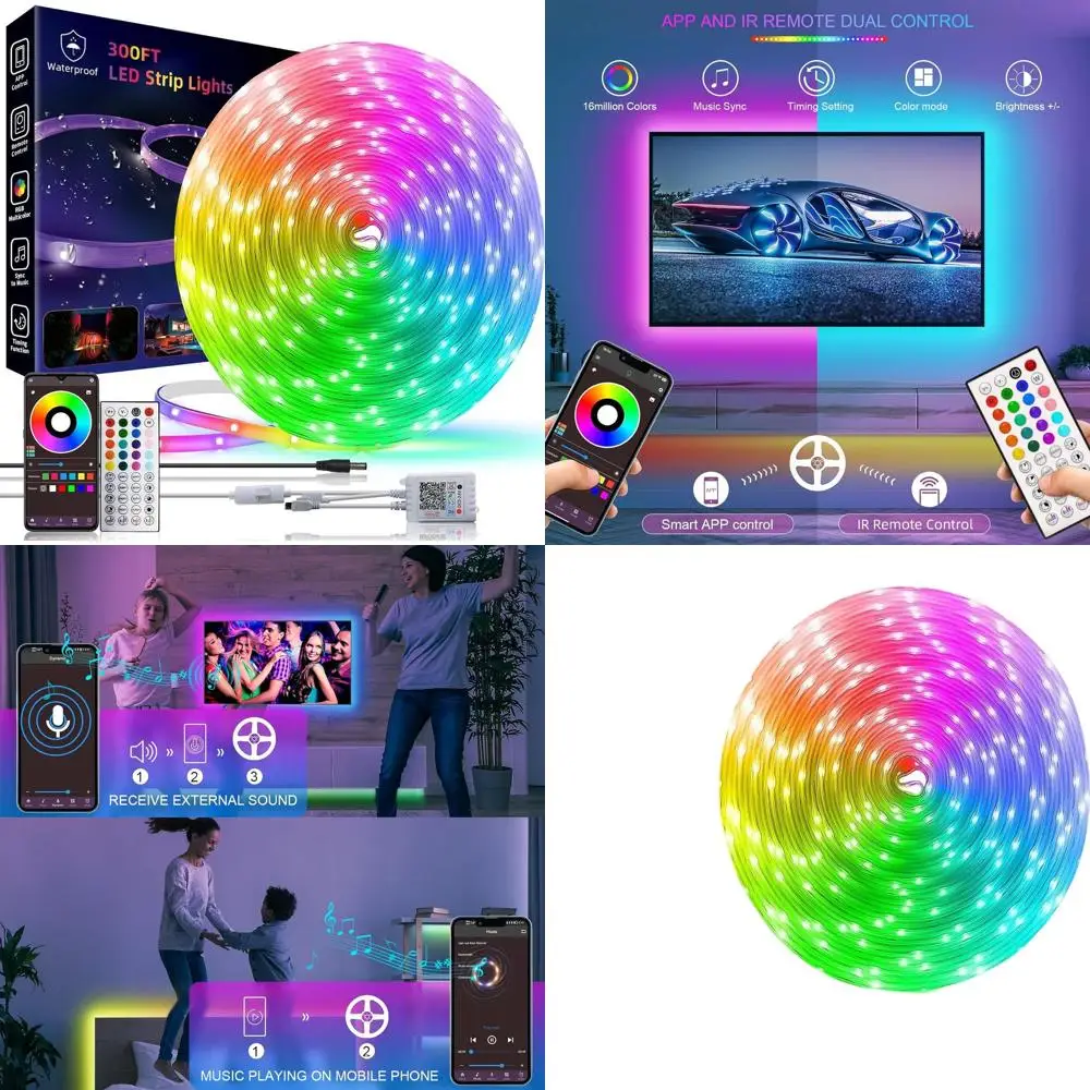 

Уличные водонепроницаемые светодиодные RGB-ленты длиной 300 футов с синхронизацией музыки, возможностью обрезки, управлением через пульт и приложение для использования на улице, у бассейна, во дворе