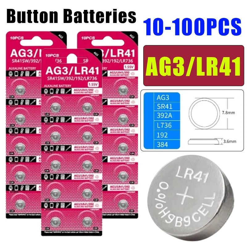 100~10pcs 1.55V AG13 LR41 Button Batteries L1154 RW82 SR1154 SP76 pila SR44 A76 LR1154 GP7 Cell Coin Watch Toys Remote Battery