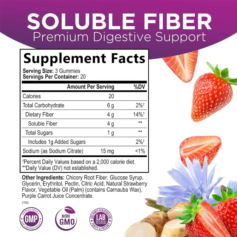 Adult fiber gummies, fiber 4g gummies - supports regular and natural prebiotic fiber gummies, strawberry flavored -60 gummies