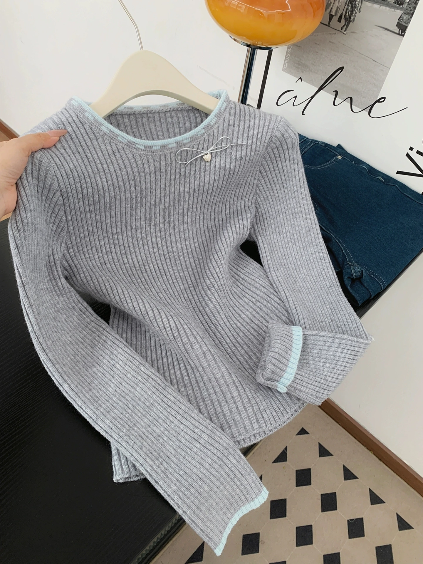 

Slimming Long Sve round Ne Knitted Top for Women Elastic Color Blo Striped Autumn Winter Faion Korean Sle Inner Wear