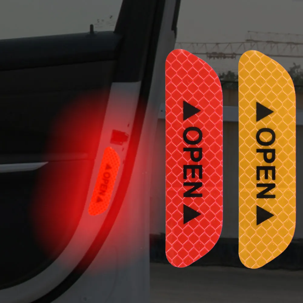 Car Door Open Reflective Stickes 4Pcs Safety Warning Decals Night Visibility Anti-Collision Tape Auto Door Edge Accessories
