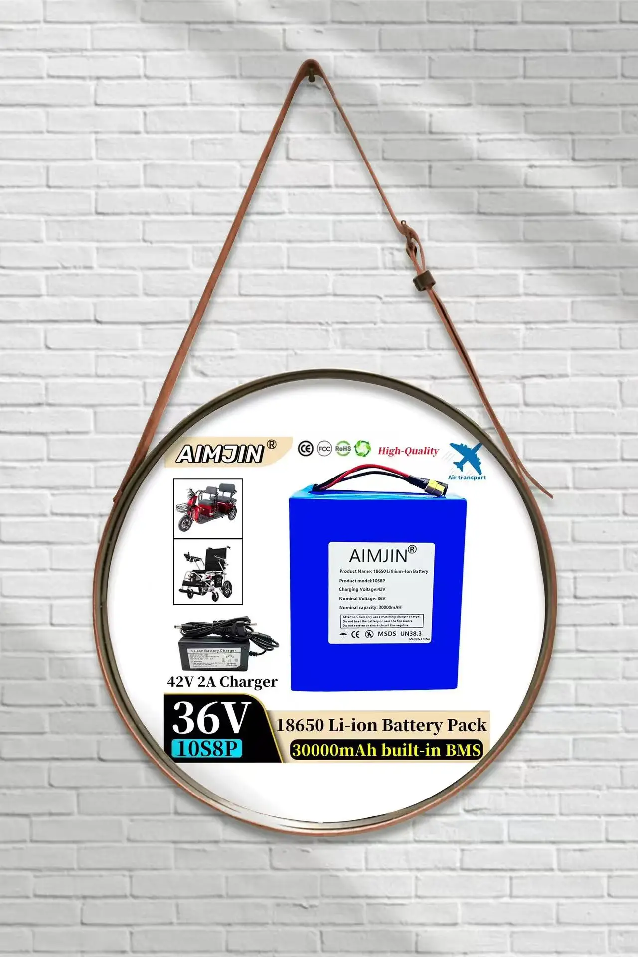 

36V 30Ah 18650 10S8P A-class lithium battery pack, 1500W high-power built-in BMS, suitable for various energy storage backup