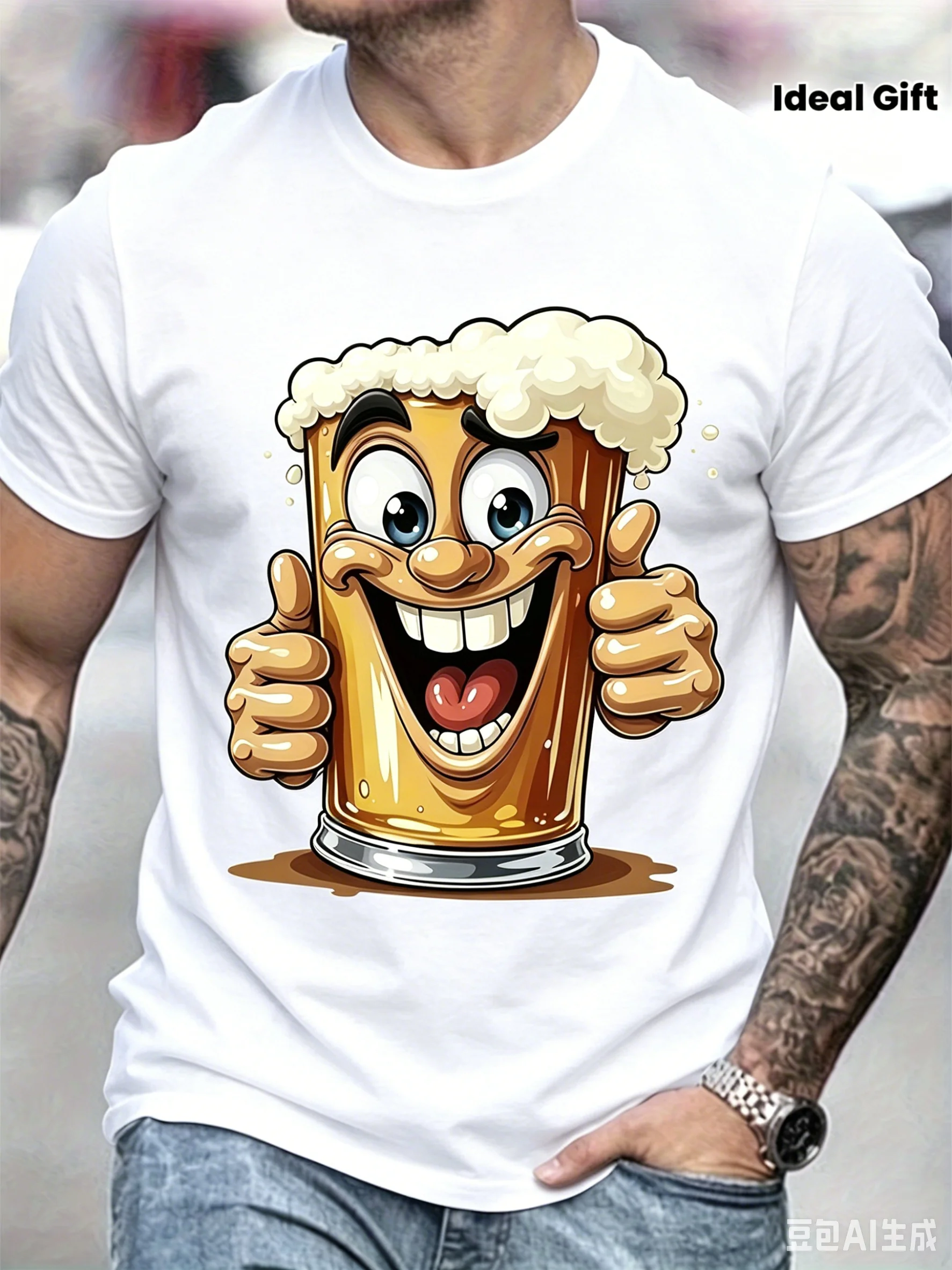 New Fashion Cartoon Beer Mug Print Short Sleeve T-Shirt, Funny Casual Party Men Short Sleeve Top