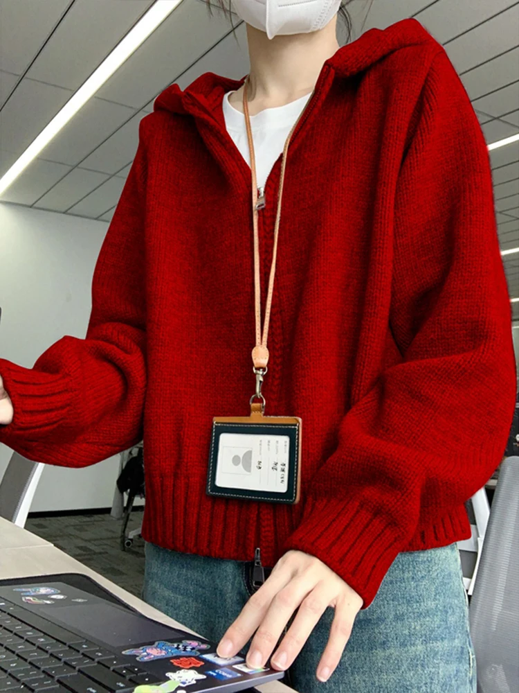 

Elegant Red Sweater Cardigan 2024 New Autumn/Winter Women's Double Zipper Design Hooded Knitted Sweatshirt Casual Daily Jacket