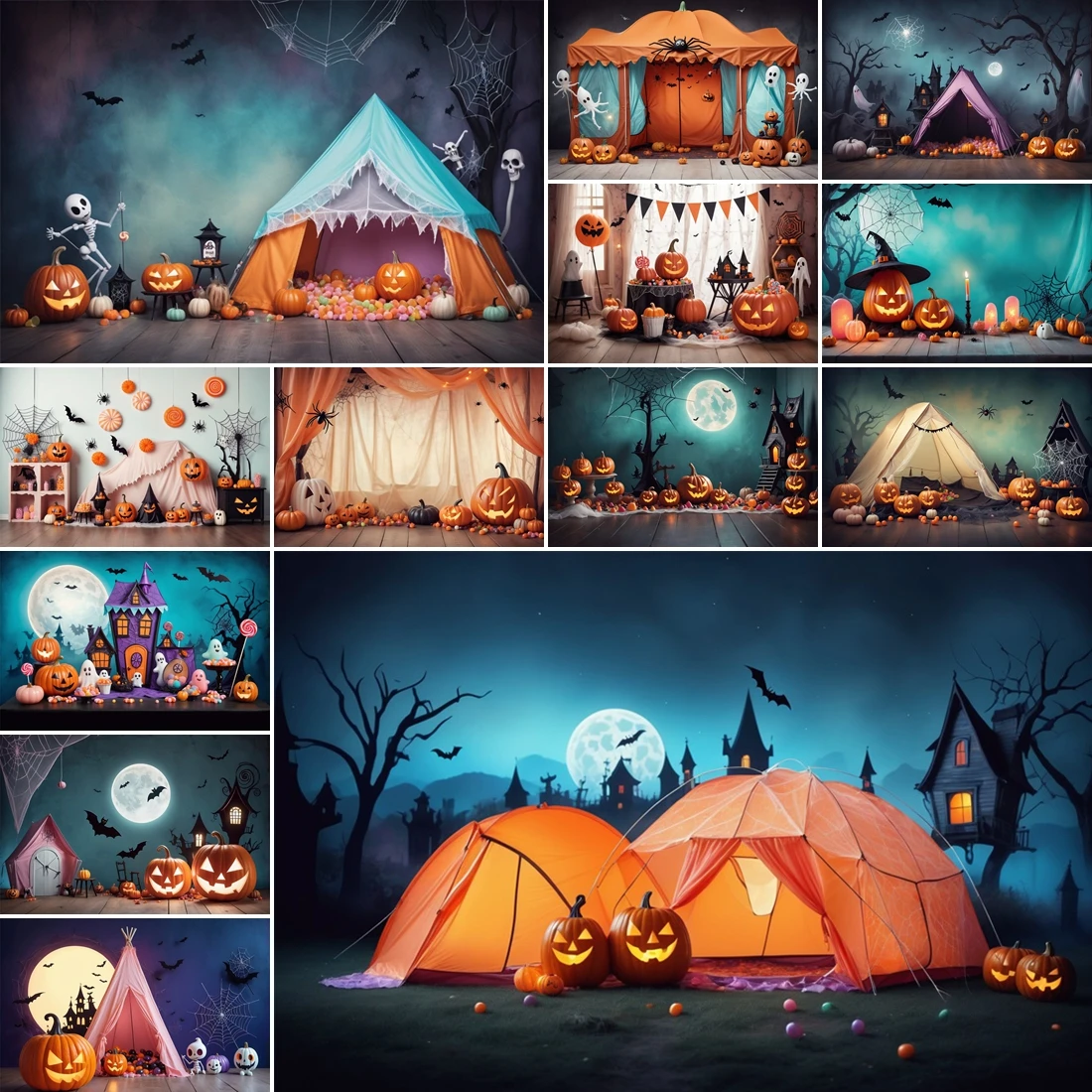 

MOON.QG Halloween Tent Backdrop Pumpkin Ghosts Bats Skeleton Haunted House Backgrounds Studio Birthday Party Wallpaper Photozone