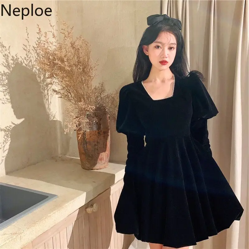 Neploe Temperament Woman Dress Vintage Robe Square Collar Puff Sleeve Slim Velvet Vestidos Mujer Korean Elegant Black Dresses