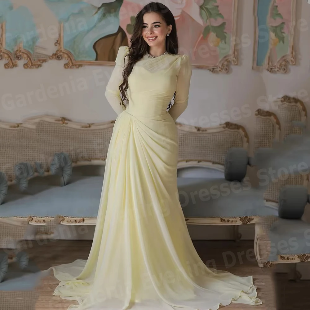 우아한 인어 여성 이브닝 드레스 긴 소매 댄스 파티 드레스 맞춤형 O 넥 Pleated Party Vestidos De Fiesta Elegantes