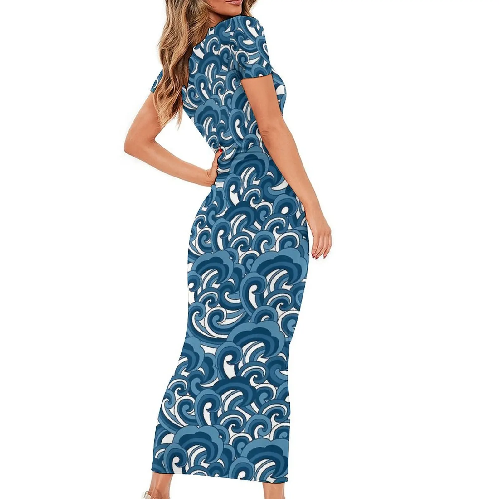 Stilisiertes blaues Wellen-Druck-Bodycon-Kleid für Damen, Nachtclub, Maxikleider, Frühling, kurzärmelig, koreanisches Modemuster, großes Kleid