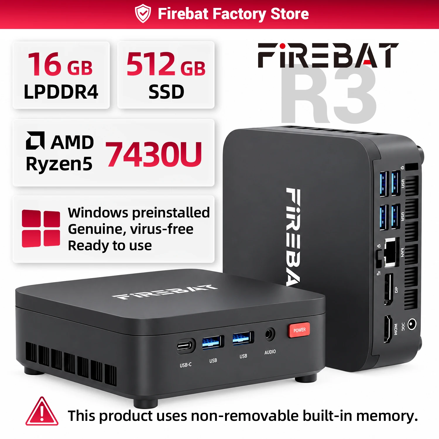FIREBAT R3 ミニ PC AMD Ryzen 5 7430U 6C/12T 最大 4.3GHz 16GB LPDDR4 RAM 512GB SSD WIFI6 BT5.2 Windows 11 デスクトップコンピュータ