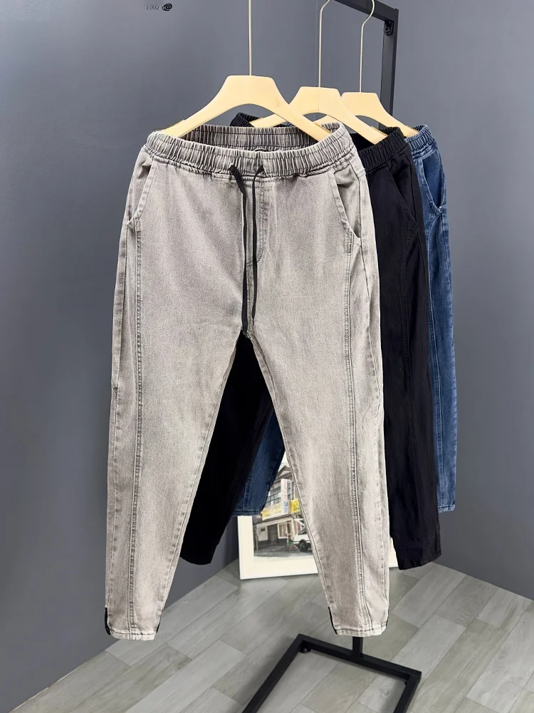 

Slim Fit Men's Jeans e ey Thin Sle Casual Harajuku Korean Version High Elastici Dstring Waist Youth Faion