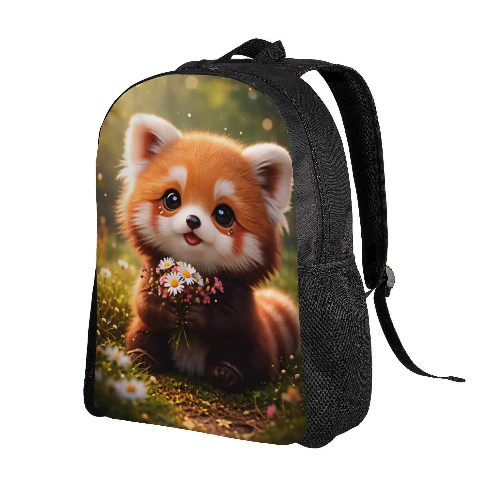 Kawaii Red Panda Holding Flower Bouquet Animal Backpack  Teen Polyester Travel Backpacks Soft Kawaii School Bags Rucksack