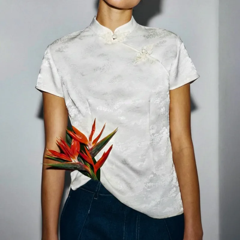 Women 2026 New Hot Selling Chinese Style Satin Stand Collar Blouse Vintage Fashion Elegant Trendy Chic Commute Office Daily Best