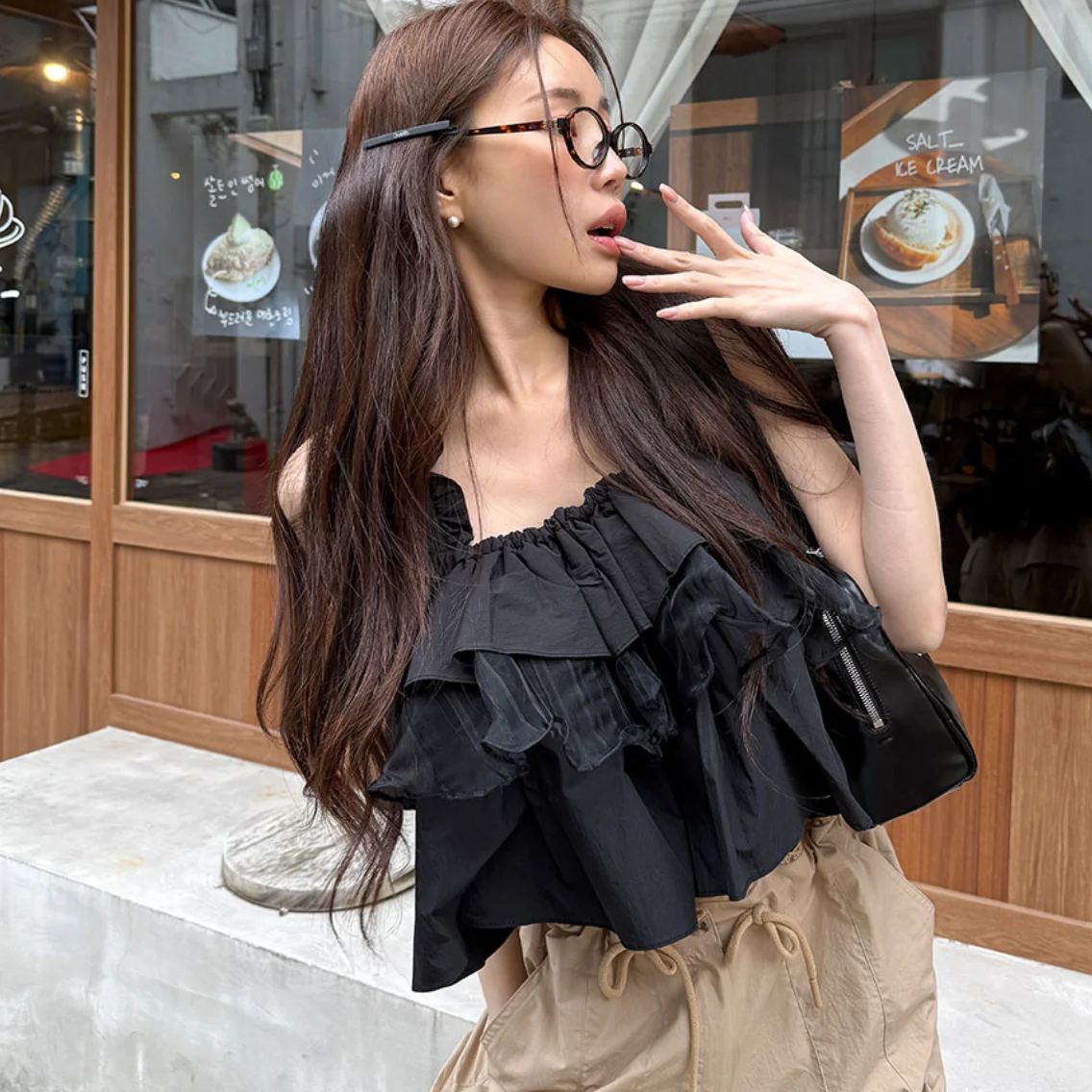 Top tipo chaleco con volantes para mujer, suéter de estilo coreano, ropa interior informal para primavera, otoño e invierno, ajuste regular, tela suave