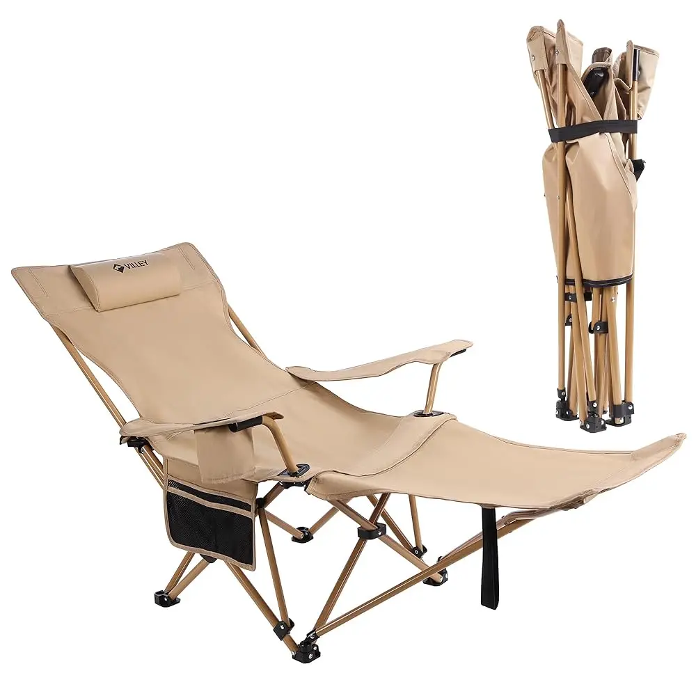 

Reclining Camping Lounge Chair Adjustable Foldable Chair For Adults With Removable Footrest, Headrest & Storage Bag Supports Up