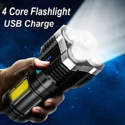 4Core LED Flashlight COB Strong Side Light Outdoor Portable Home Torch USB Rechargeable Flashlight Lantern With Power Display