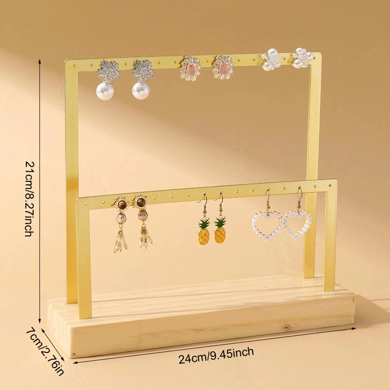 Rack de joias de metal elegante com base de madeira, brincos pendentes, colar, suporte de armazenamento, adereços de vitrine