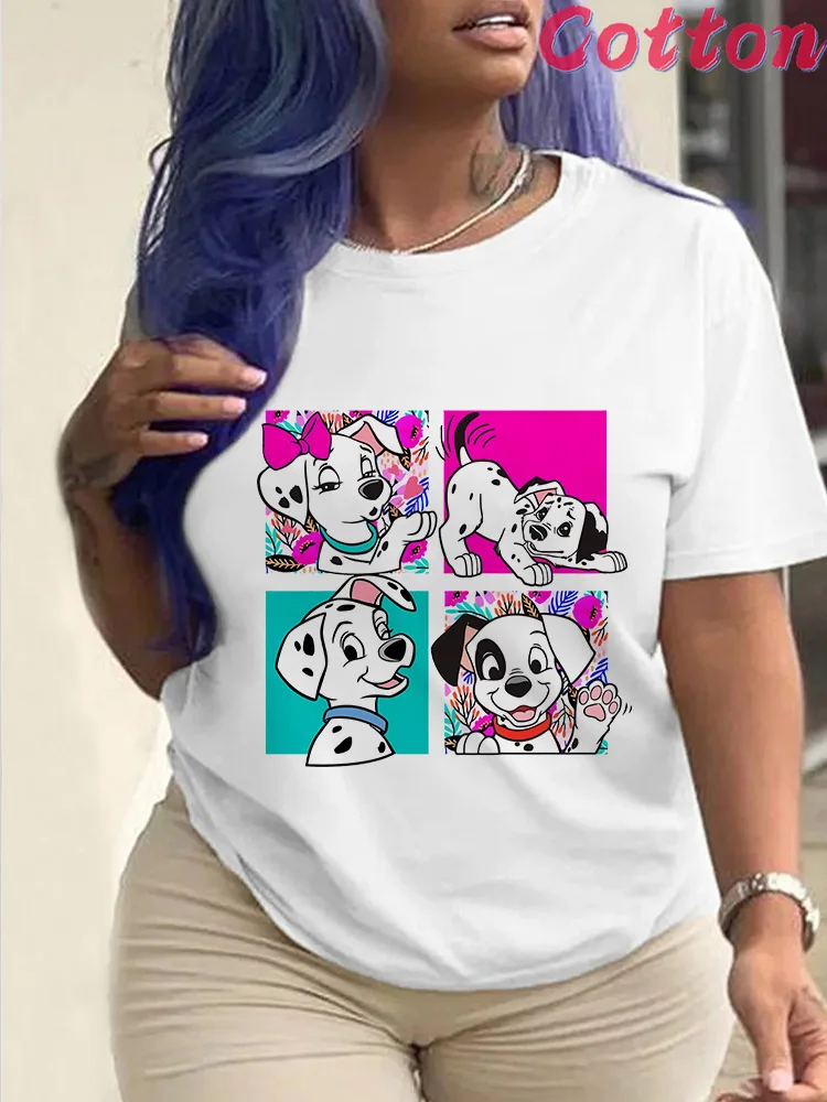 

Cartoon Dog T-shirt Women's Clothing Disney One Hundred and One Dalmatians Summer Short Sleeves Tops Casual T Shirts Clothes