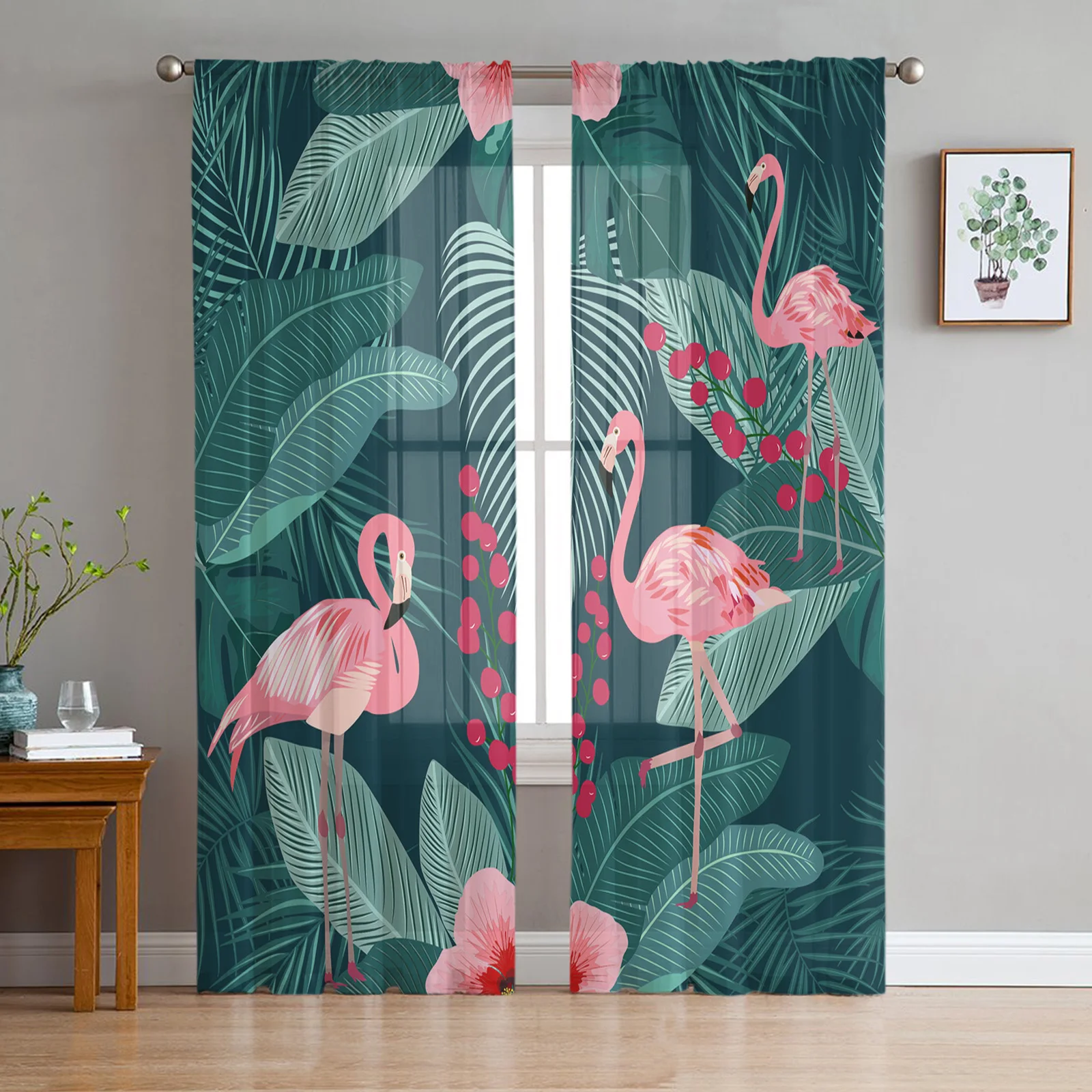 

Flamingo Leaves Flowers Living Room Voile Curtains Home Hotel Balcony Drapes Chiffon Tulle Curtains for Bedroom Window Treatment