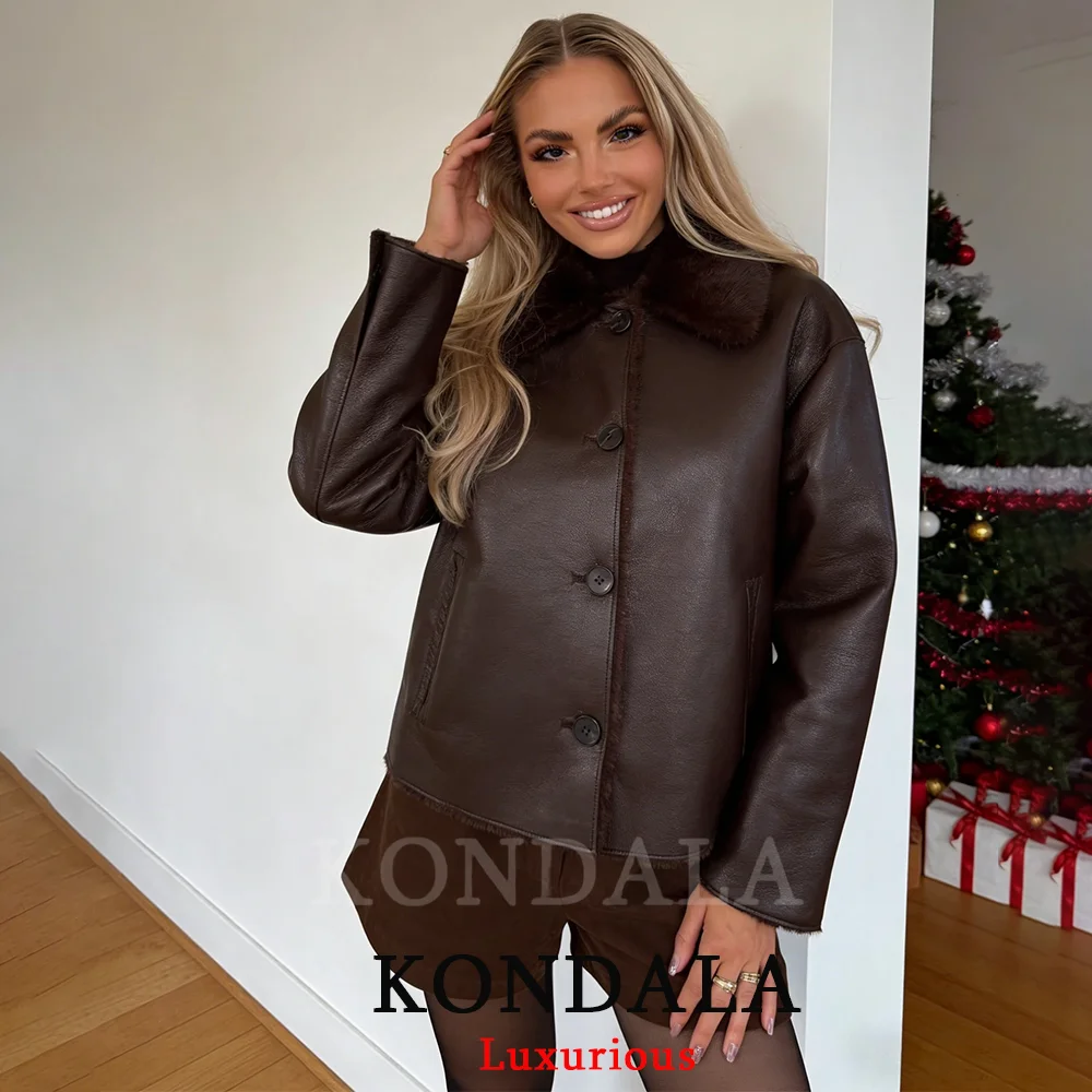

KONDALA Casual Chic Chocolate Brown Women Jackets Long Sleeve Fur Collar Leather Coats Fashion 2026 Spring Double Wear Outwears