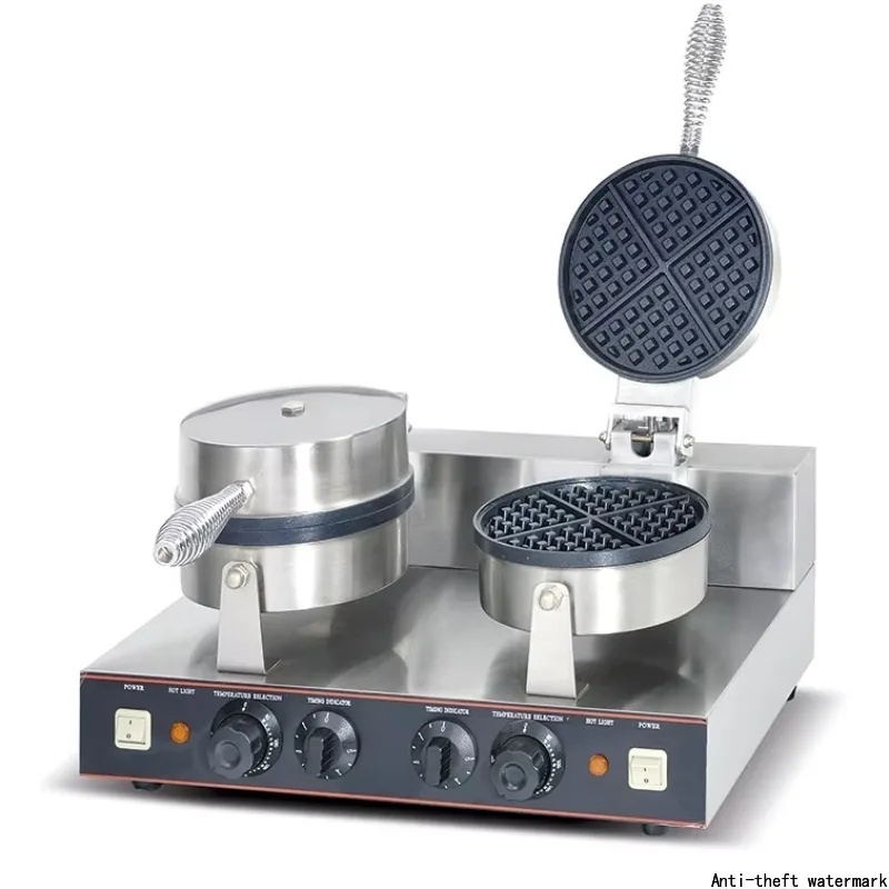 Commercial double-head stainless steel waffle maker, 2025, capable of making crispy ice cream cones, bread, and waffles.